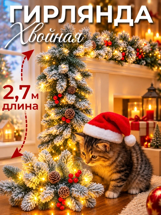 Гирлянда еловая искусственная, 270 см, 200 веток, зеленый новогодний декор - 