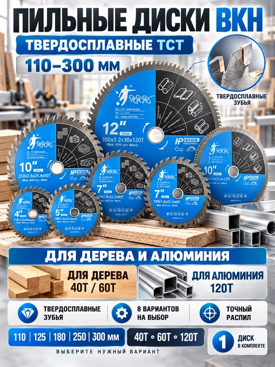 Пильный диск BKH TCT твердосплавный, по дереву и алюминию, 110–300 мм, 40–120 зубьев - 