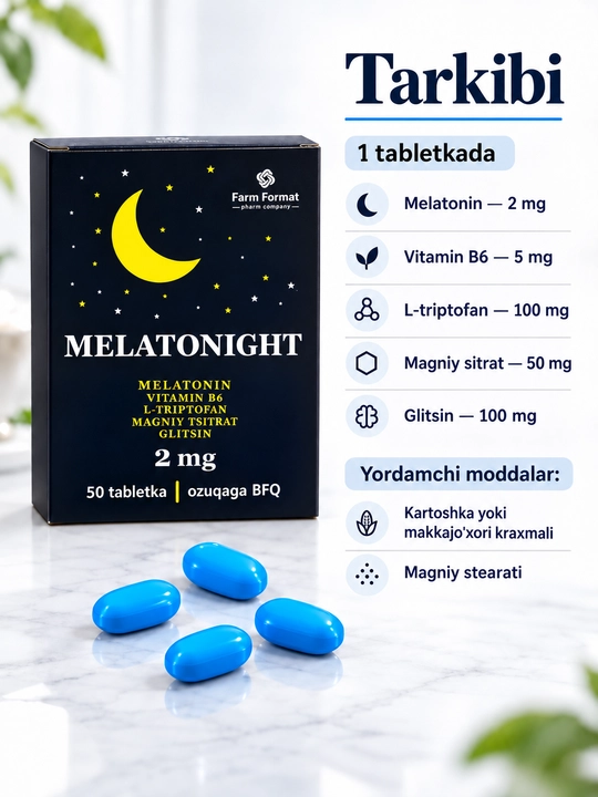 Melatonin MELATONIGHT, B6 vitamini, L-triptofan va magniy sitratli tabletkalar