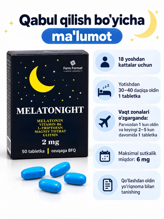 Melatonin MELATONIGHT, B6 vitamini, L-triptofan va magniy sitratli tabletkalar