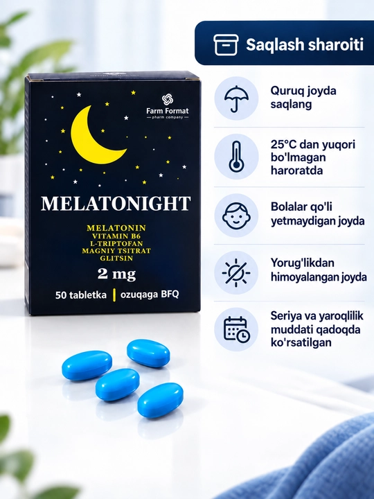 Melatonin MELATONIGHT, B6 vitamini, L-triptofan va magniy sitratli tabletkalar