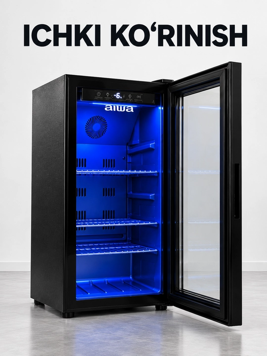 Vitrinali sovutkich AIWA SL-98, 98 litr, shisha eshikli, LED yoritish, qora