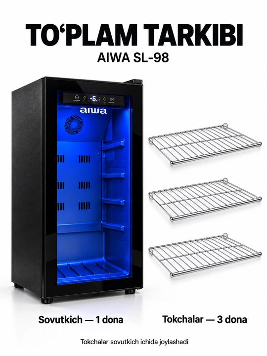 Vitrinali sovutkich AIWA SL-98, 98 litr, shisha eshikli, LED yoritish, qora