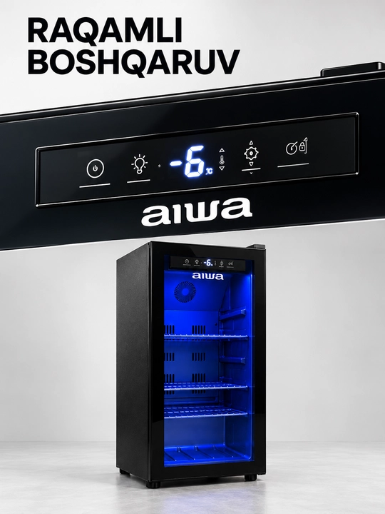 Vitrinali sovutkich AIWA SL-98, 98 litr, shisha eshikli, LED yoritish, qora