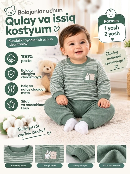 Bolalar pijamasi, yang tug‘ilgan chaqaloqla uchun kiyim, kuzgi kiyim, paxtali, raspashonka - 