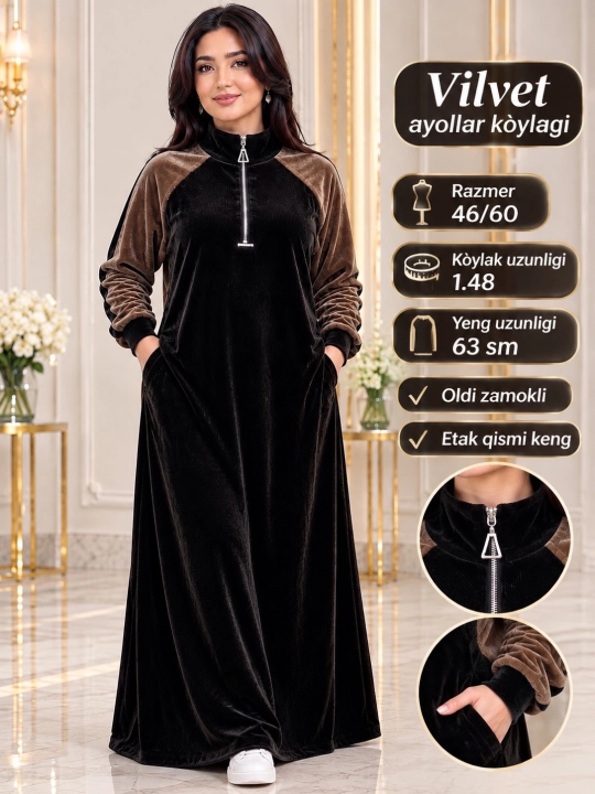 Ayollar vilvet ko‘ylagi, uzun ayollar ko‘ylagi, qalin vilvet ko‘ylak