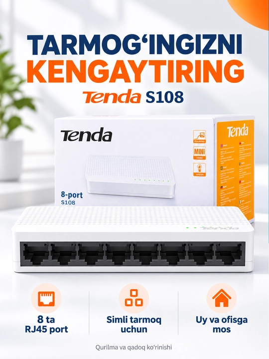 Tenda S108 8-Port 10/100 Mbps Tarmoq Switchi, Mini Ethernet Kommutator Ofis, Uy CCTV uchun