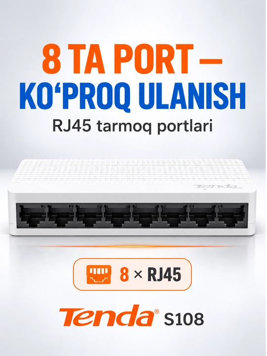 Tenda S108 8-Port 10/100 Mbps Tarmoq Switchi, Mini Ethernet Kommutator Ofis, Uy CCTV uchun