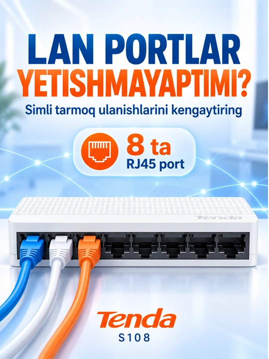 Tenda S108 8-Port 10/100 Mbps Tarmoq Switchi, Mini Ethernet Kommutator Ofis, Uy CCTV uchun