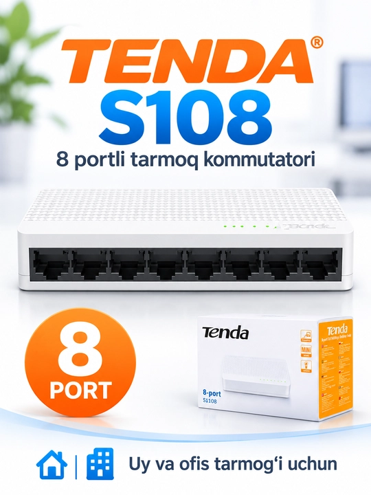 Tenda S108 8-Port 10/100 Mbps Tarmoq Switchi, Mini Ethernet Kommutator Ofis, Uy CCTV uchun