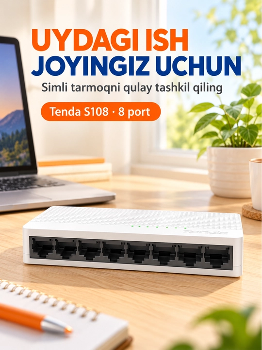Tenda S108 8-Port 10/100 Mbps Tarmoq Switchi, Mini Ethernet Kommutator Ofis, Uy CCTV uchun