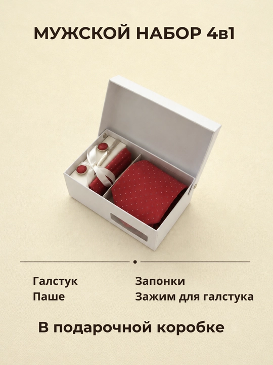 Мужской подарочный набор ELEGANT MAN 4в1: галстук, паше, запонки, зажим для галстука