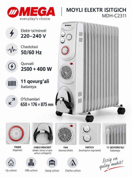 MEGA moyli isitgichi, termo-puflanadigan pech + quritgich, 11 ta qovurg‘a, 30 kv.m gacha