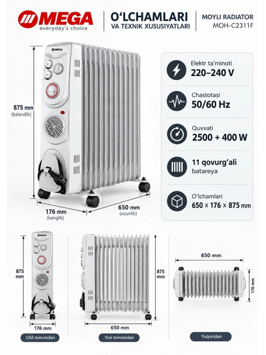 MEGA moyli isitgichi, termo-puflanadigan pech + quritgich, 11 ta qovurg‘a, 30 kv.m gacha