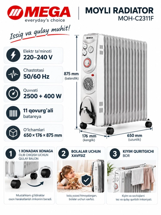 MEGA moyli isitgichi, termo-puflanadigan pech + quritgich, 11 ta qovurg‘a, 30 kv.m gacha
