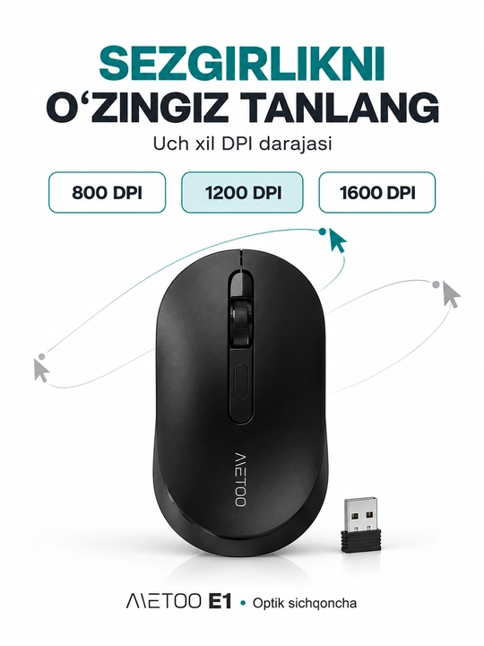 Беспроводная мышь METOO E0/E1 для ноутбука и компьютера, USB 2,4 ГГц, чёрная, офис и учёба