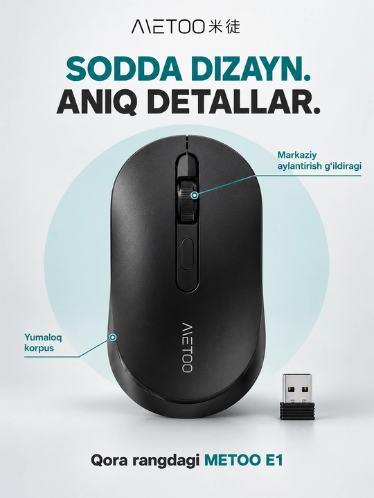Беспроводная мышь METOO E0/E1 для ноутбука и компьютера, USB 2,4 ГГц, чёрная, офис и учёба