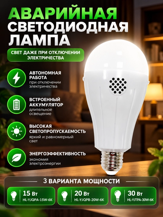 Аварийная светодиодная лампа 15/20/30 Вт 6500К - 
