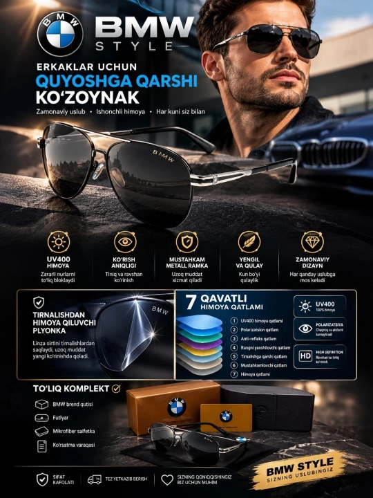 Erkaklar uchun quyoshdan saqlovchi ko‘zoynak, UV400, BMW style, erkaklar uchun sovg'a