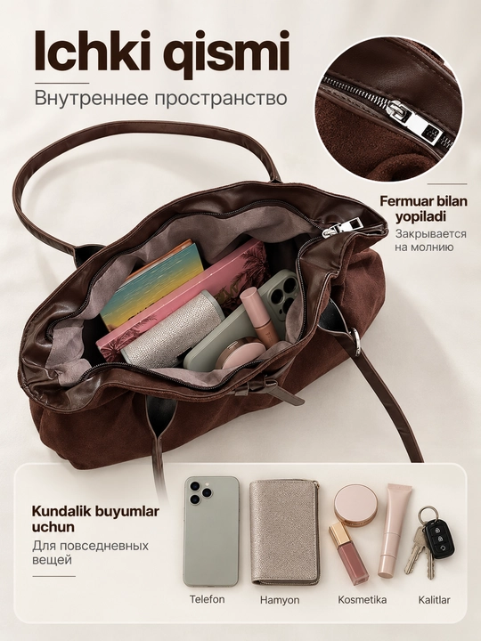Sumka ayollar uchun, zamsh sumka yelkadan, o‘qish, maktab, universitet uchun sig‘imli