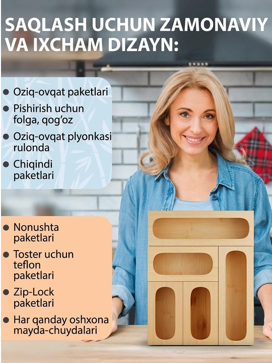 Yogʻoch oshxona organizatori 5 dan 1 gacha, sumkalar, folga, qogʻoz, namlikka chidamli