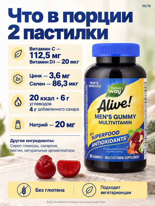 Мультивитамины для мужчин, комплекс биотин, цинк и инозитол Nature's Way Alive Men 60 таб