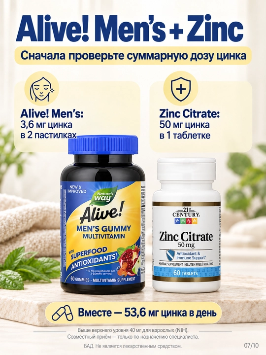 Мультивитамины для мужчин, комплекс биотин, цинк и инозитол Nature's Way Alive Men 60 таб