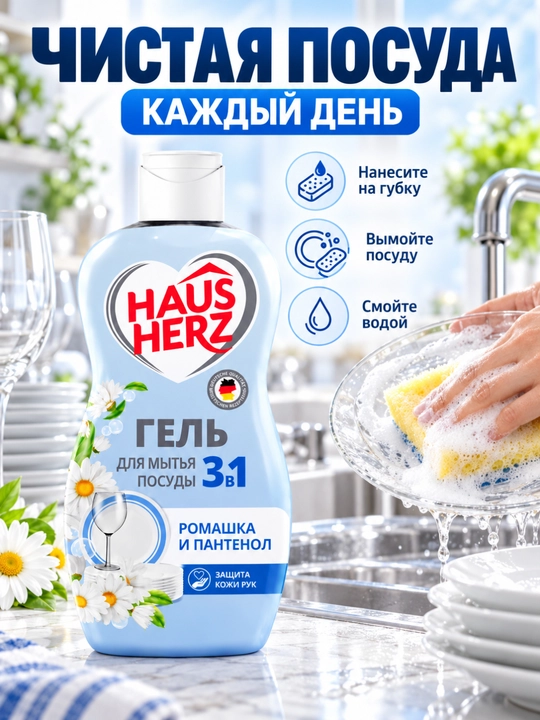 Idish yuvish geli, Haus Herz, Qo'l terisini parvarish qiluvchi, yog'larni tez tozalovchi
