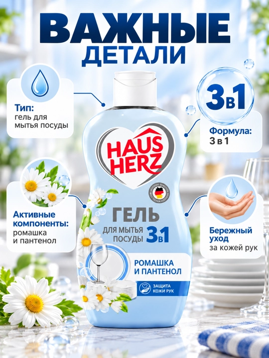 Idish yuvish geli, Haus Herz, Qo'l terisini parvarish qiluvchi, yog'larni tez tozalovchi