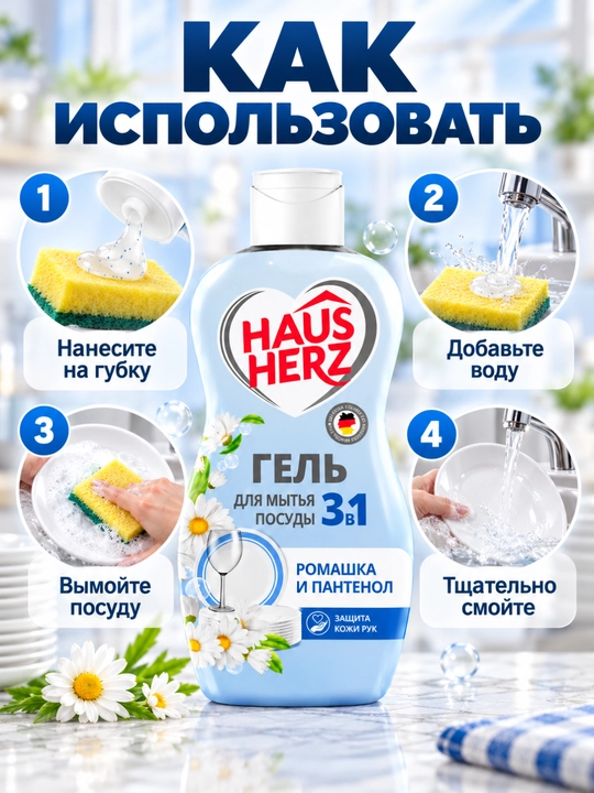 Idish yuvish geli, Haus Herz, Qo'l terisini parvarish qiluvchi, yog'larni tez tozalovchi