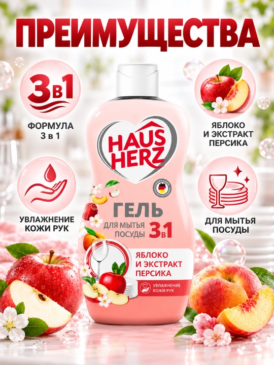 Idish yuvish geli, Haus Herz, Qo'l terisini parvarish qiluvchi, yog'larni tez tozalovchi