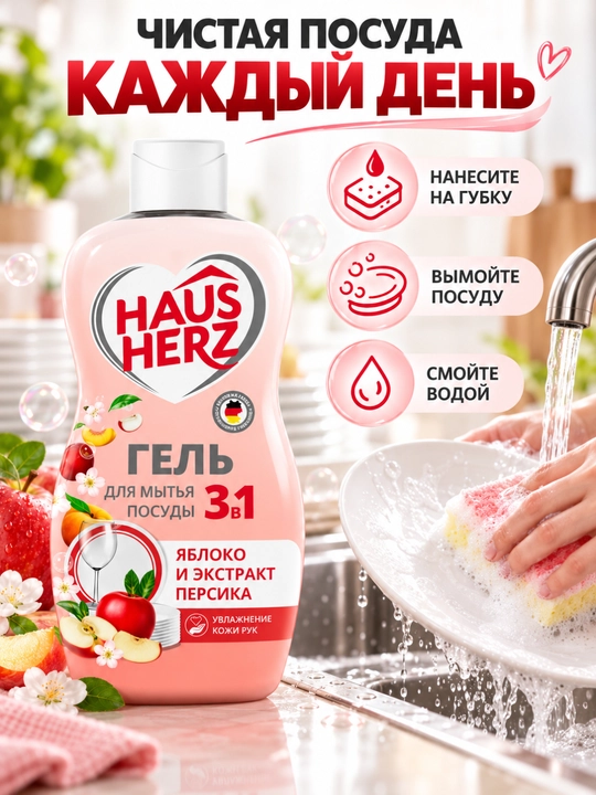 Idish yuvish geli, Haus Herz, Qo'l terisini parvarish qiluvchi, yog'larni tez tozalovchi