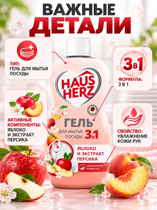 Idish yuvish geli, Haus Herz, Qo'l terisini parvarish qiluvchi, yog'larni tez tozalovchi