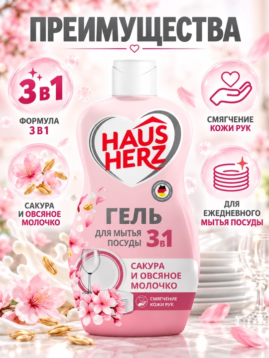 Гель для мытья посуды, Haus Herz, Нежные ручки, эффективное удаление жира,густая формула