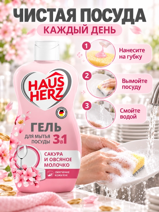 Гель для мытья посуды, Haus Herz, Нежные ручки, эффективное удаление жира,густая формула