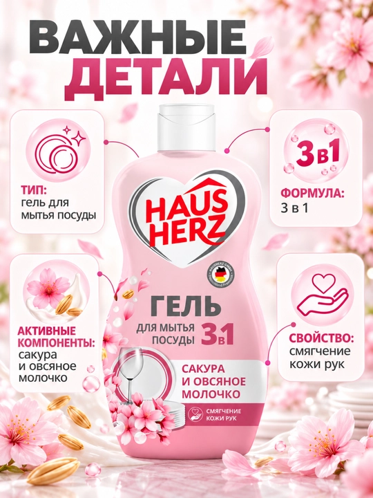 Гель для мытья посуды, Haus Herz, Нежные ручки, эффективное удаление жира,густая формула