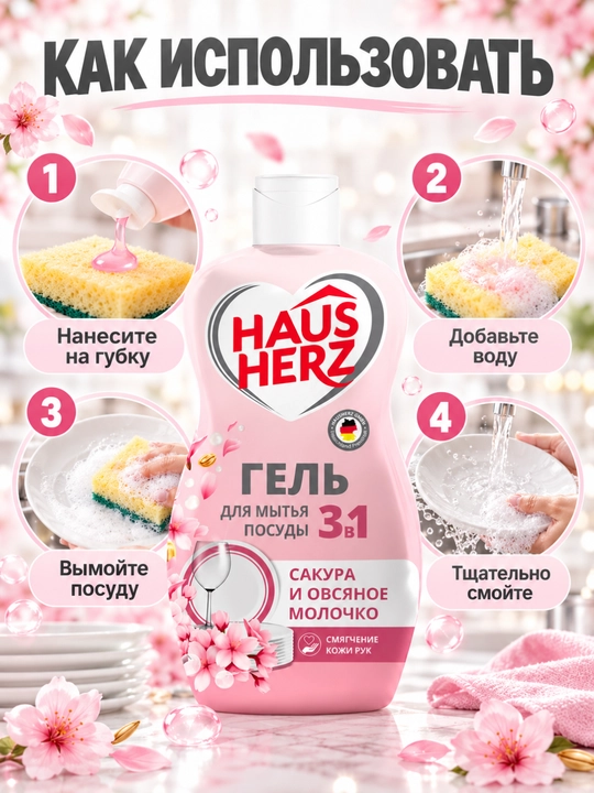 Гель для мытья посуды, Haus Herz, Нежные ручки, эффективное удаление жира,густая формула