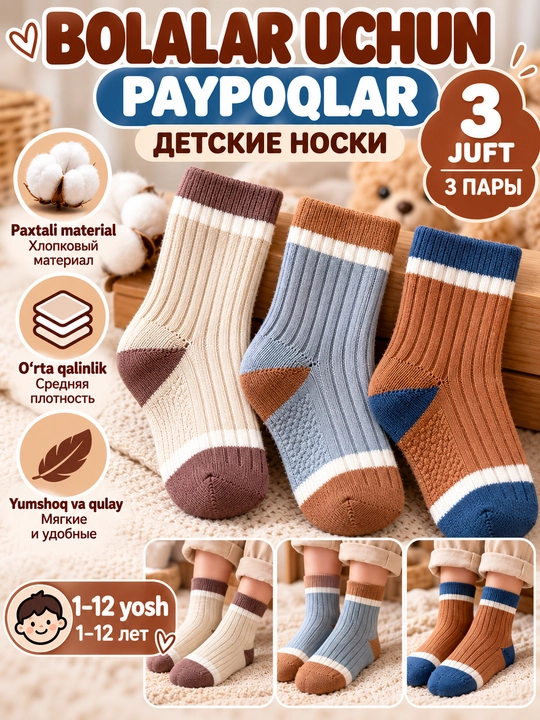 Хлопковые носки для девочек и мальчиков, 3 пары, Китай - 