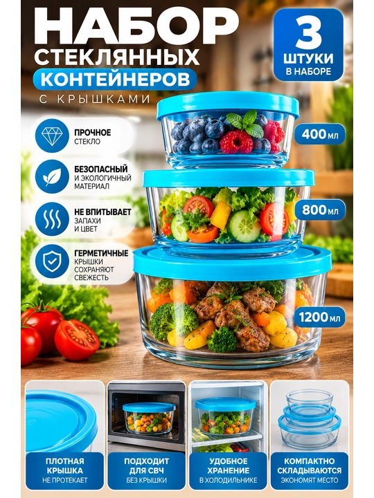 Набор стеклянных контейнеров с крышками - 