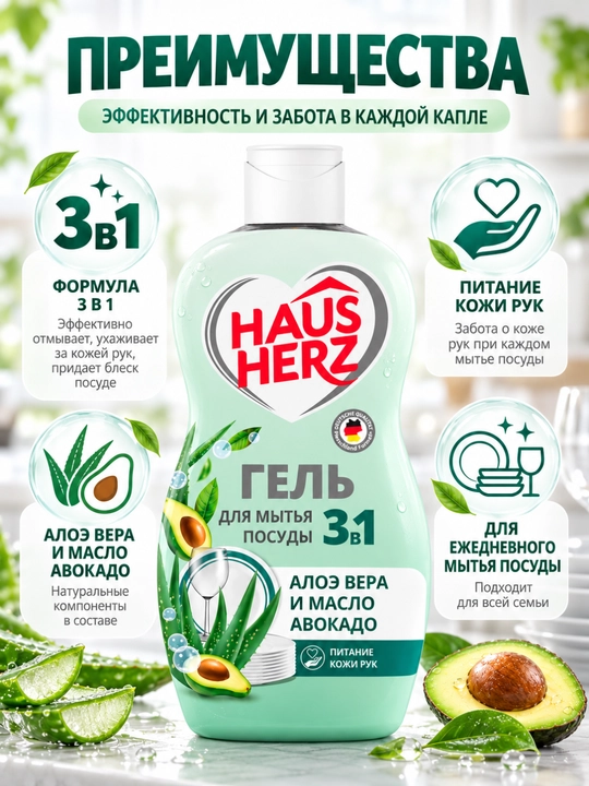 Гель для мытья посуды, Haus Herz, Нежные ручки, эффективное удаление жира,густая формула