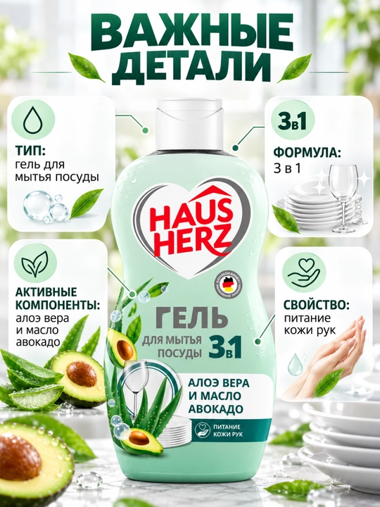 Гель для мытья посуды, Haus Herz, Нежные ручки, эффективное удаление жира,густая формула