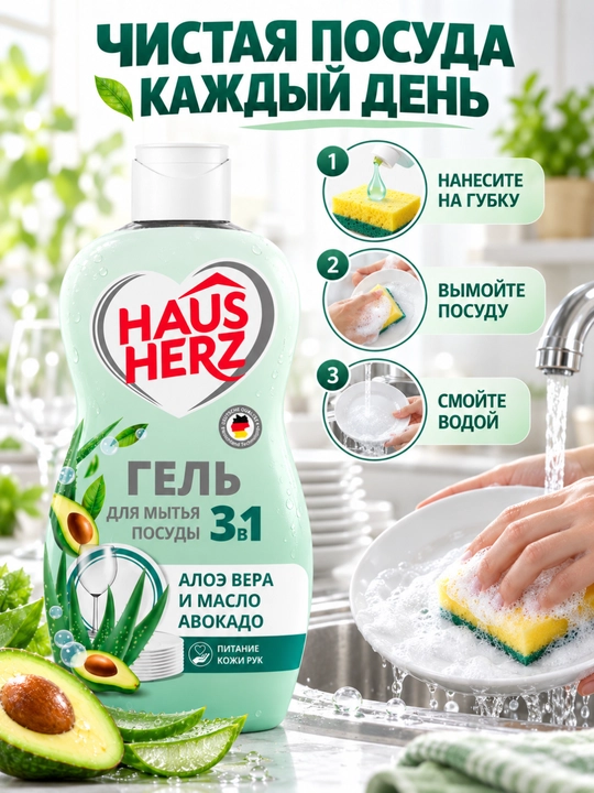 Гель для мытья посуды, Haus Herz, Нежные ручки, эффективное удаление жира,густая формула