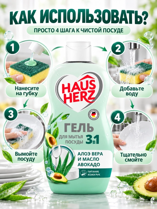 Гель для мытья посуды, Haus Herz, Нежные ручки, эффективное удаление жира,густая формула