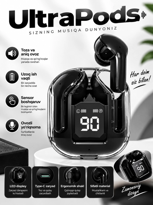 UltraPods simsiz Bluetooth quloqchin, LED displeyli g‘ilof