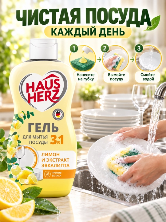 Гель для мытья посуды, Haus Herz, Нежные ручки, эффективное удаление жира,густая формула