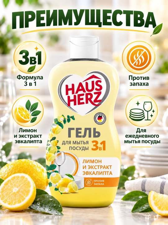 Гель для мытья посуды, Haus Herz, Нежные ручки, эффективное удаление жира,густая формула