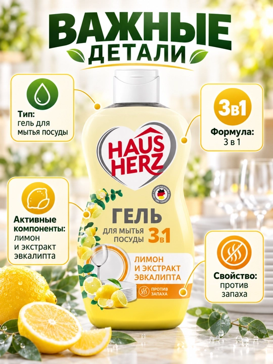 Гель для мытья посуды, Haus Herz, Нежные ручки, эффективное удаление жира,густая формула
