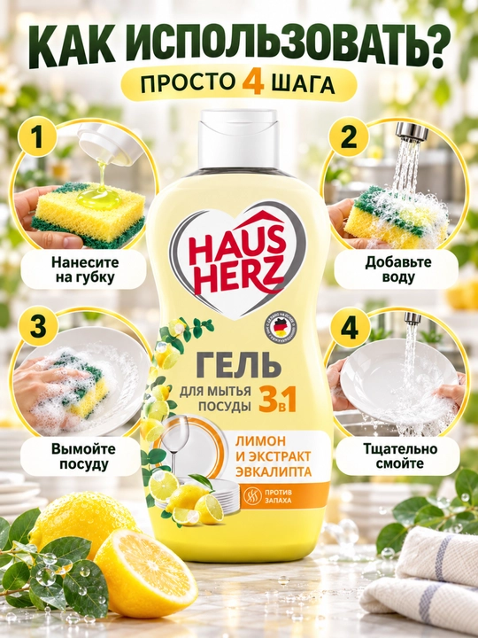 Гель для мытья посуды, Haus Herz, Нежные ручки, эффективное удаление жира,густая формула