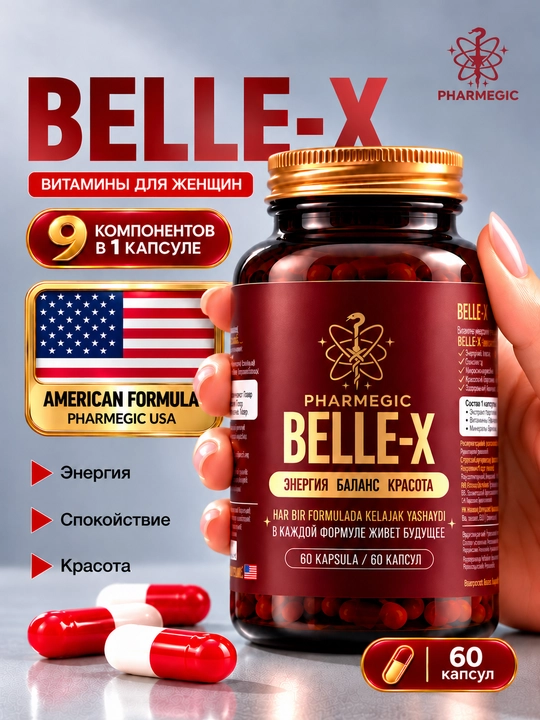 Ayollar vitaminlari BELLE-X, ashwagandha, magniy B6 va L-karnitin bilan, 60 kapsula - 