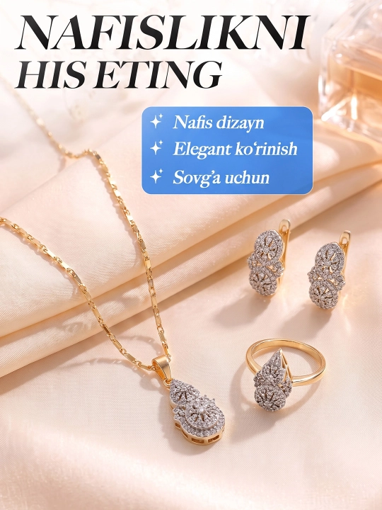 Ayollar uchun sovg‘a to‘plami, uzuk va sirg‘alar bilan bezatilgan bijuteriya to‘plami